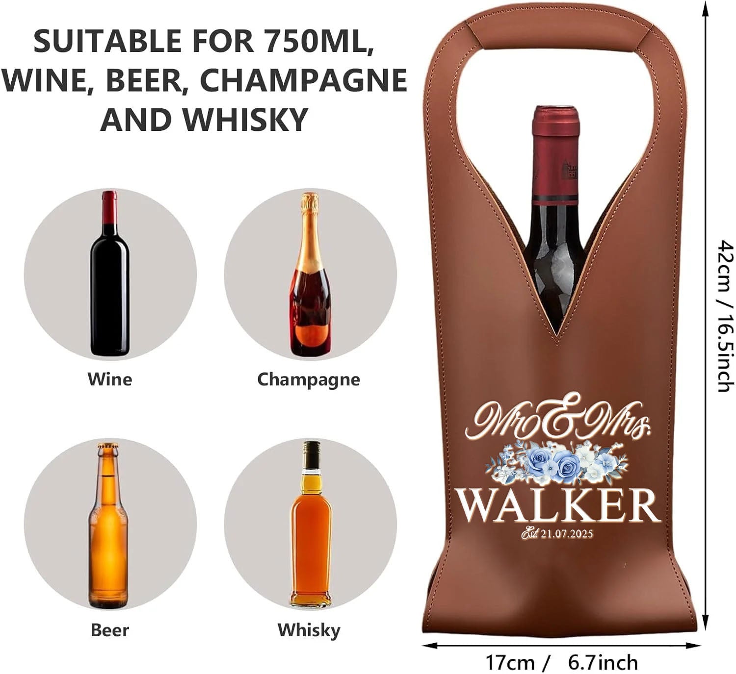 Personalized Wedding PU Leather Wine Bag with Name