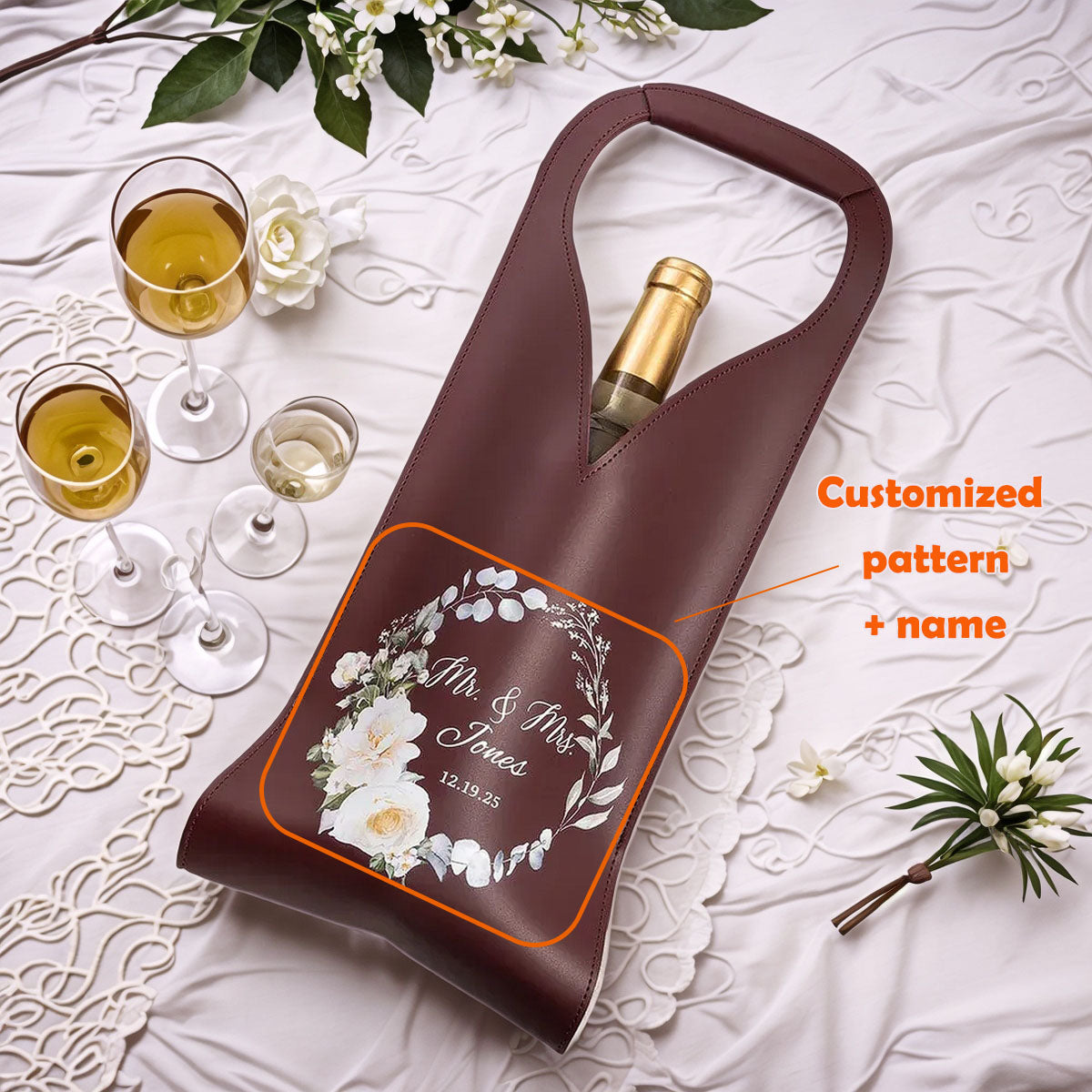 Personalized Wedding PU Leather Wine Bag with Name