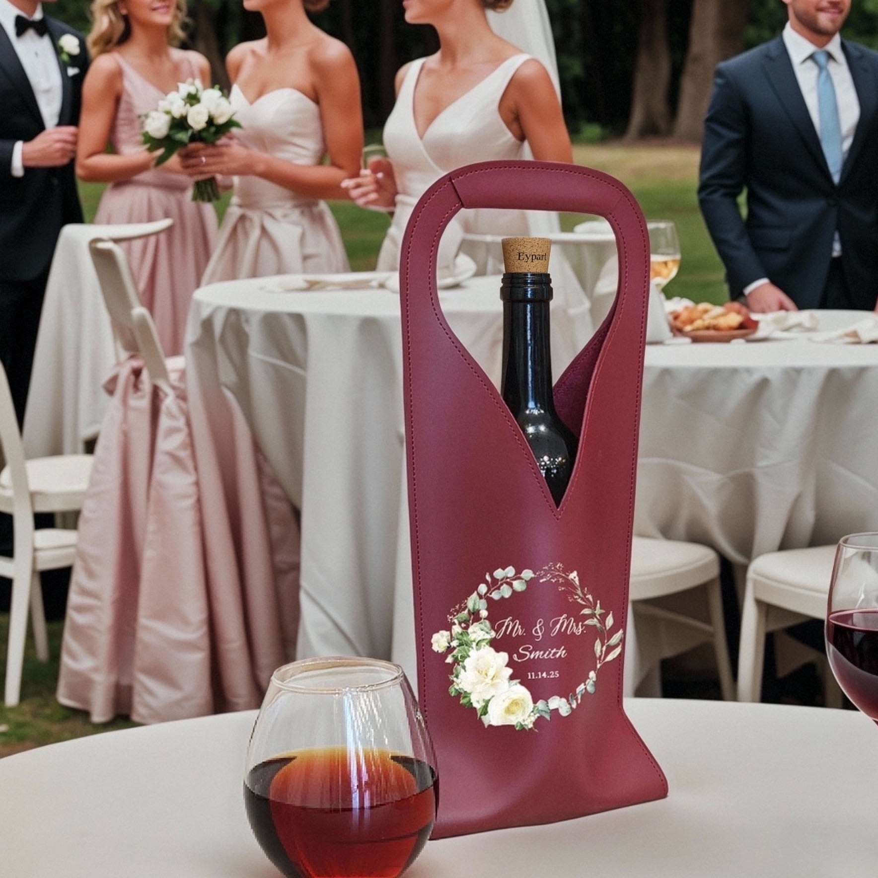 Personalized Wedding PU Leather Wine Bag with Name