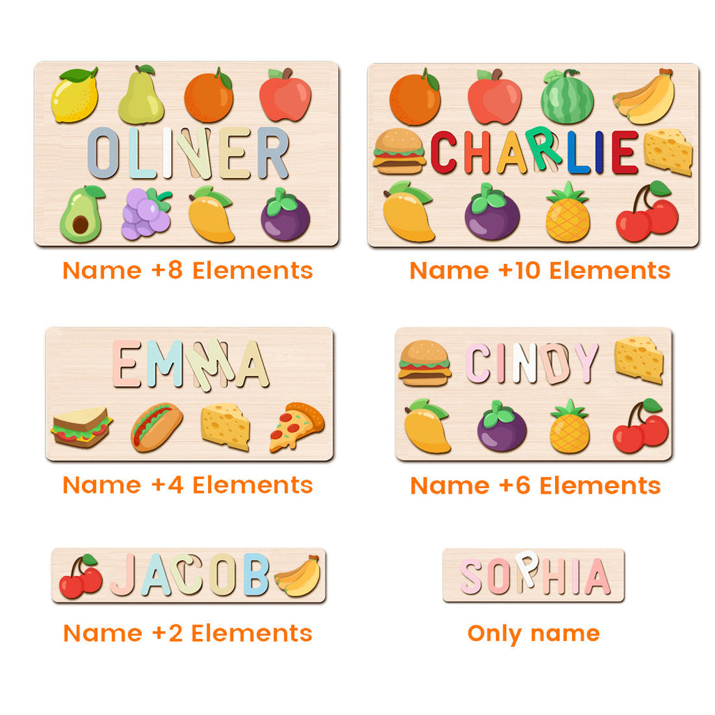 Personalized Wooden Name Puzzle with Food Shapes – Custom Learning Toy for Toddlers