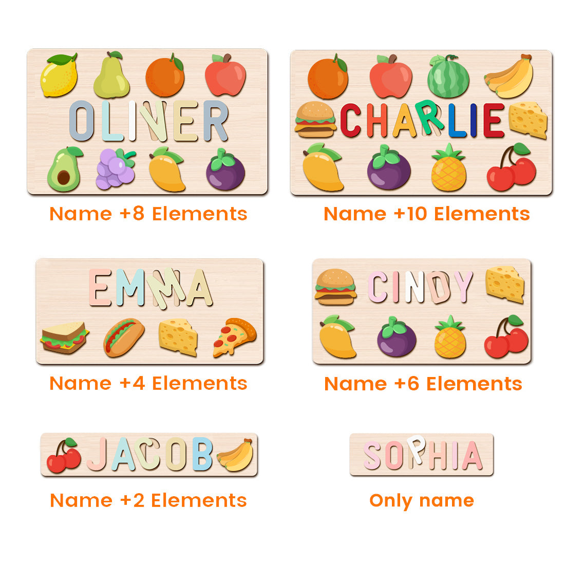 Personalized Wooden Name Puzzle with Food Shapes – Custom Learning Toy for Toddlers
