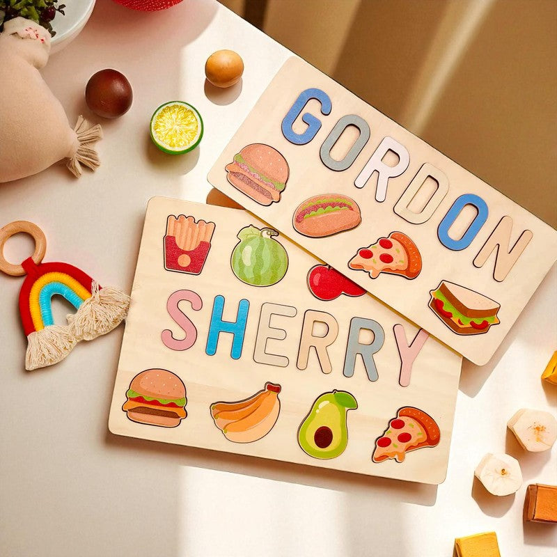 Personalized Wooden Name Puzzle with Food Shapes – Custom Learning Toy for Toddlers