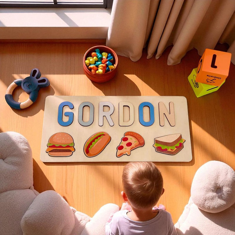 Personalized Wooden Name Puzzle with Food Shapes – Custom Learning Toy for Toddlers