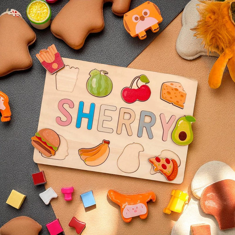 Personalized Wooden Name Puzzle with Food Shapes – Custom Learning Toy for Toddlers