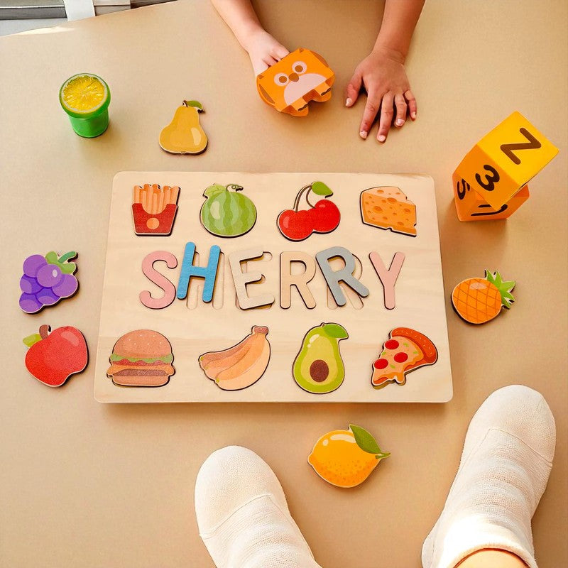 Personalized Wooden Name Puzzle with Food Shapes – Custom Learning Toy for Toddlers