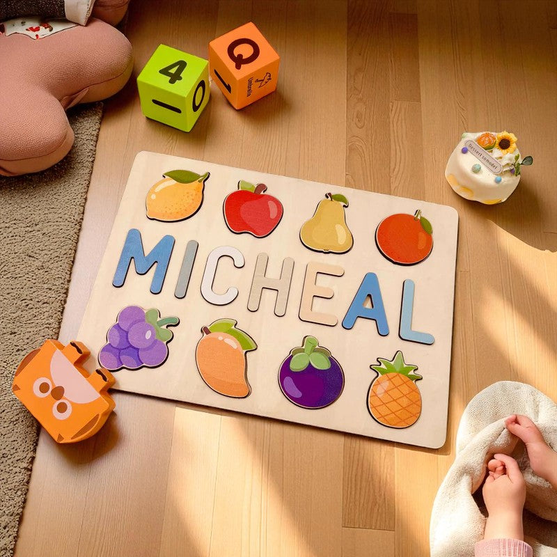 Personalized Wooden Name Puzzle with Food Shapes – Custom Learning Toy for Toddlers