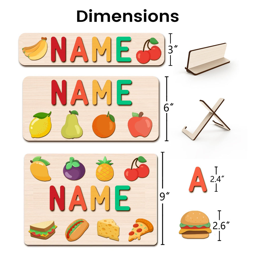 Personalized Wooden Name Puzzle with Food Shapes – Custom Learning Toy for Toddlers