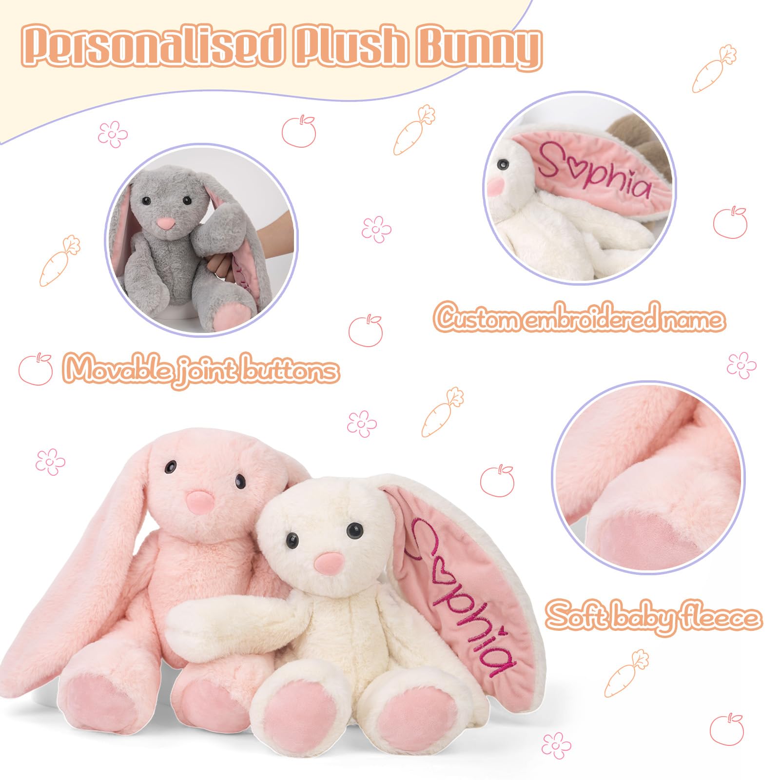 Personalized Embroidered Name Bunny Plush - Baby/Toddler Birthday Easter Gifts