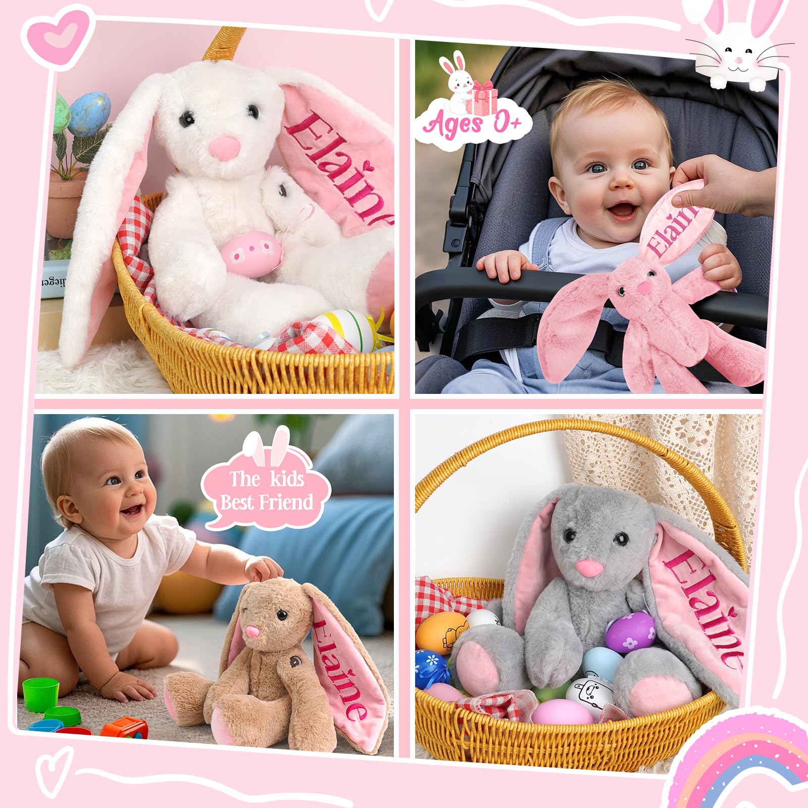 Custom Embroidered Name Bunny Plush - Baby/Toddler Girl Birthday Easter Gifts