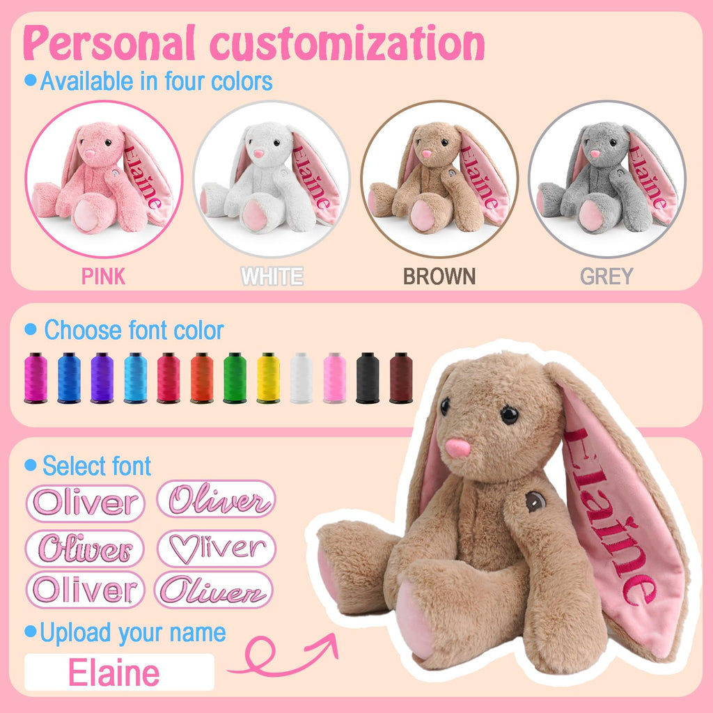 Custom Embroidered Name Bunny Plush - Baby/Toddler Girl Birthday Easter Gifts