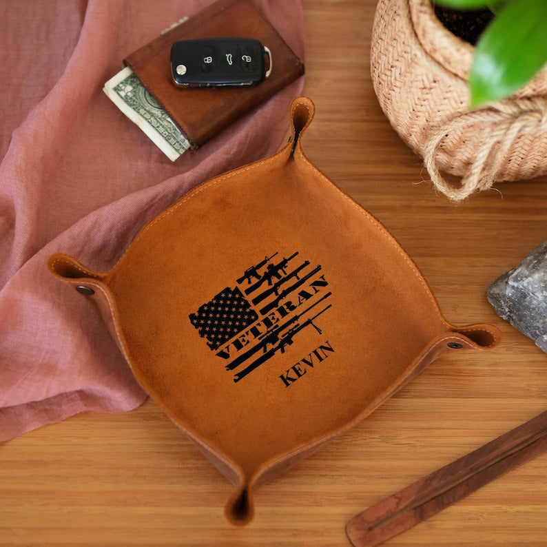 Personalized Leather Valet Tray for Military Veteran Dad